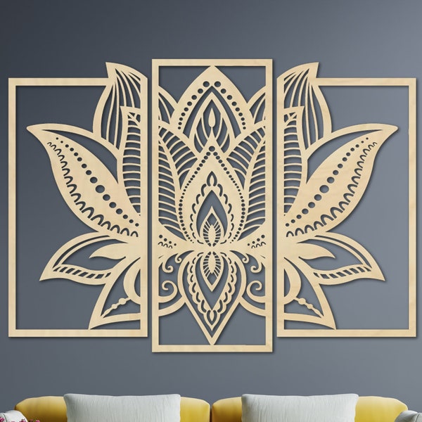 Lotus Drie Paneel, Muurbloem, Muurkunst, Houten Decoratie, Muurophanging, Houten Decor, Woonkamerdecor, Groot Decor, Woonkamer