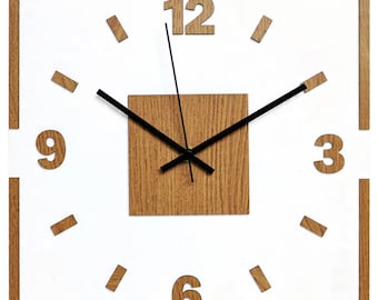 Modern Square Wall Clock, Oak Wood Decor, Silent Quartz, Minimalist Home Decor