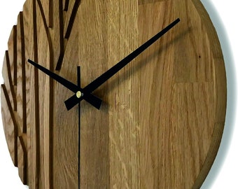 Natural Wall Clock Large Wooden Silent Clock Large Solid Natural Oak Modern Minimalist Tree Design Unique Wooden Clock Modern Design Clock