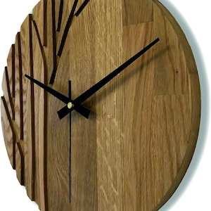 Natural Wall Clock Large Wooden Silent Clock Large Solid Natural Oak Modern Minimalist Tree Design Unique Wooden Clock Modern Design Clock