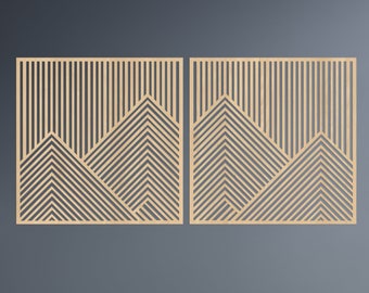 Art en bois, lignes géométriques de montagne, ensemble de 2 panneaux de décoration murale en bois, mur en bois dans le salon, grande décoration murale montagne au-dessus du lit