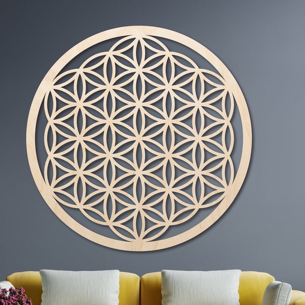 Mandala fleur de vie en bois, grande décoration murale pour salon, oeuvre d'art en bois mandala fleur de vie, grande décoration murale, cadeau pour elle