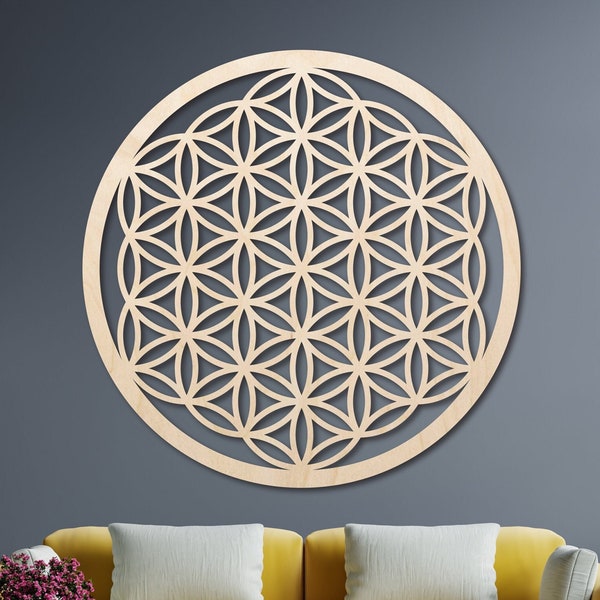 Mandala fleur de vie en bois, grande décoration murale pour salon, oeuvre d'art en bois mandala fleur de vie, grande décoration murale, cadeau pour elle