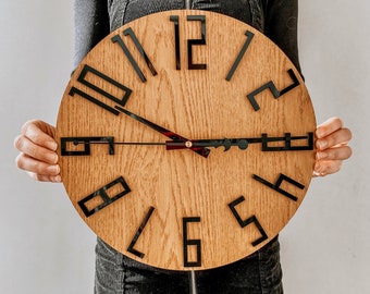 Oak Wood Wall Clock, Black Numerals, Laser Cut, Decorative Wall Clock, Wooden Clock, Wall Hangings Home, Wall Clock, Modern Clock