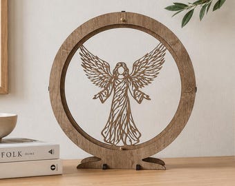 Wooden Guardian Angel LED Light, Night Lamp with LED Halo ring