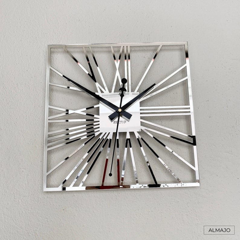 wall clock, living room clock, decorative clock, elegant clock, wall decoration, modern clock, mirror clock, silver clock, mirror silver, plexiglass clock