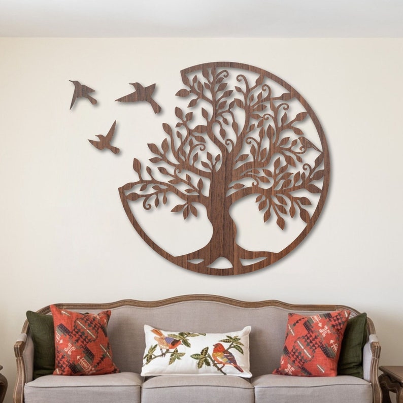 Elegantes, exklusives Holz-Wandkunst-Dekor, Blumen-Wandbehang, Mandala-Holz-Wandkunst, Schlafzimmer, Holz-Wandpaneel, Wohnzimmer, Baum des Lebens Walnut