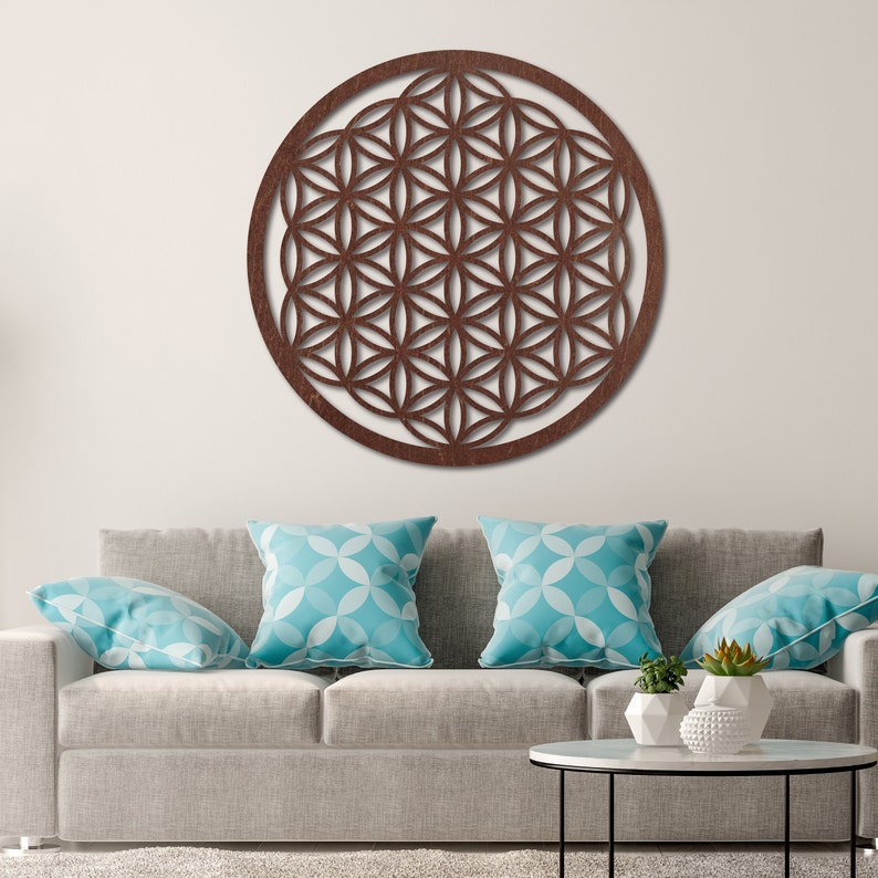 Mandala fleur de vie en bois, grande décoration murale pour salon, oeuvre d'art en bois mandala fleur de vie, grande décoration murale, cadeau pour elle Marron