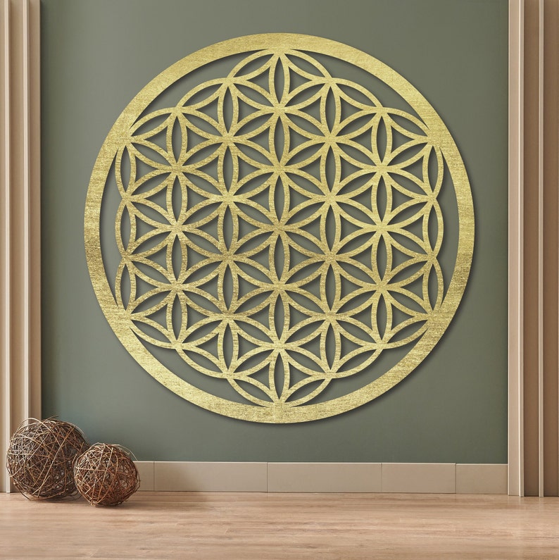 Mandala fleur de vie en bois, grande décoration murale pour salon, oeuvre d'art en bois mandala fleur de vie, grande décoration murale, cadeau pour elle Or