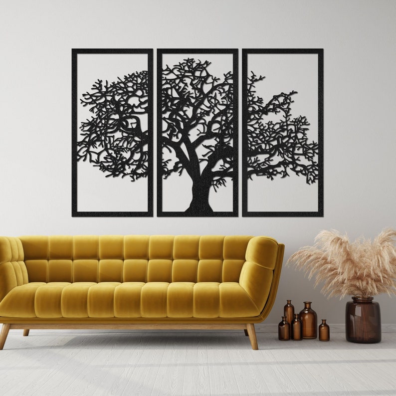 Ensemble de 3 panneaux décoratifs muraux en bois, arbre de vie, art mural en bois, décoration d'intérieur, arbre de vie suspendu, oeuvre d'art unique image 6