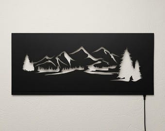 Wooden Mountain LED Wall Art – Rustic Nature Landscape Decor