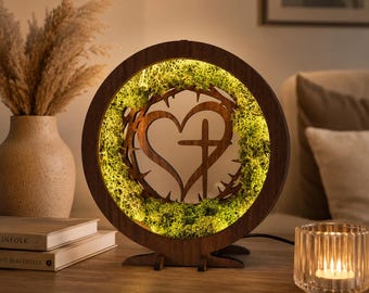 LED Lamp with Moss Heart and Cross, Walnut Wenge Wood, Christian Decor