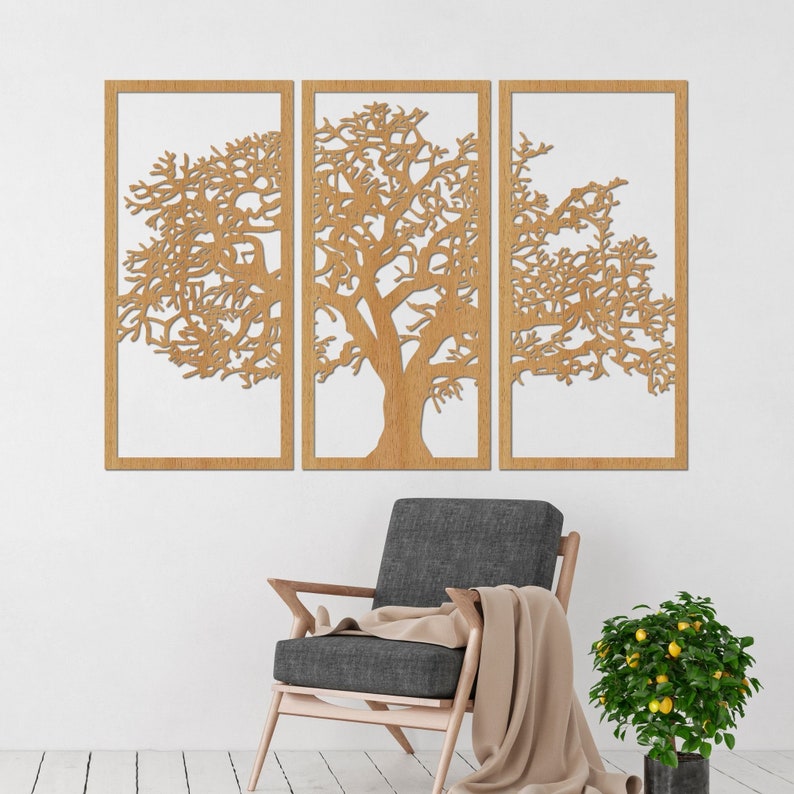 Ensemble de 3 panneaux décoratifs muraux en bois, arbre de vie, art mural en bois, décoration d'intérieur, arbre de vie suspendu, oeuvre d'art unique image 5