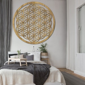 Holzblume des Lebens, Mandala-Wandkunst, Holzdekoration, großes Mandala, Wandbehang, Holzdekor, Geometrieblume, Geschenk Gold Oak