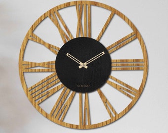 Oak or black Wood Wall Clock, Roman Numerals, Laser Cut, Decorative Wall Clock, Wooden Clock, Wall Hangings Home, Modern wall Clock