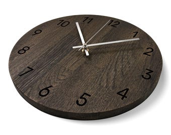 Minimalist Handmade Oak Wall Clock – Dark Matte Finish, Wooden Wall Decoration for Home