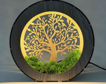 Tree of Life LED Lamp, Dimmable Wooden Table Light, Real Moss Decor