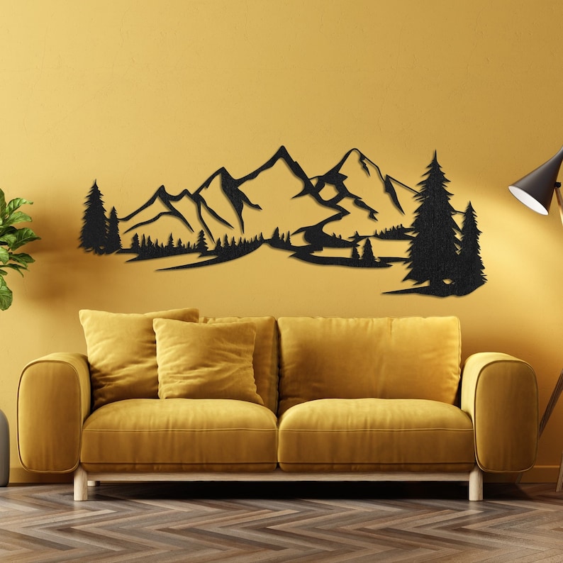 Art mural montagne suspendu en bois Décoration de montagne Grande décoration murale en bois Décorations murales nature et forêt Art en bois mural Black