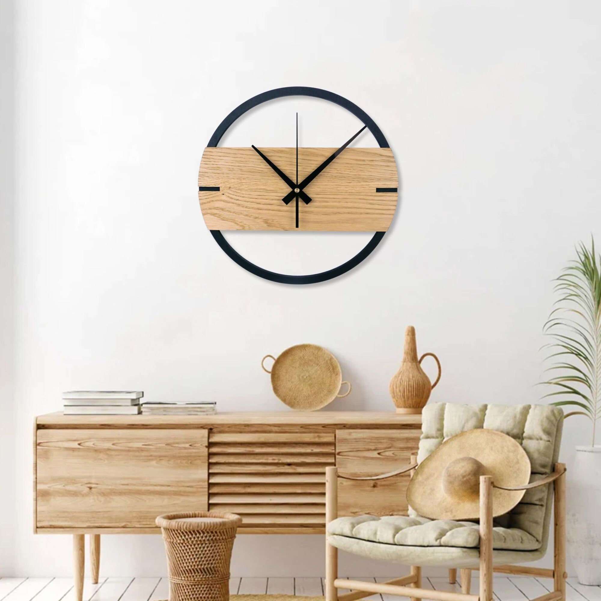Reloj de pared de madera de roble: diseño moderno y silencioso