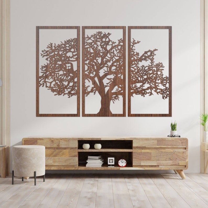 Ensemble de 3 panneaux décoratifs muraux en bois, arbre de vie, art mural en bois, décoration d'intérieur, arbre de vie suspendu, oeuvre d'art unique image 1