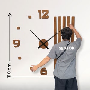 Horloge murale en bois, silencieuse, grand design, diamètre minimaliste, en bois de chêne, surdimensionnée, 3D, moderne, DIY image 3