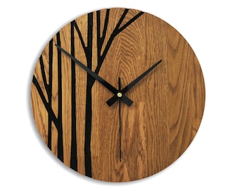 Wall Clock Large Wooden Silent Clock Large Solid Natural Oak Modern Minimalist Tree Design Unique Wooden Wall Clock Modern Design Oak Clock