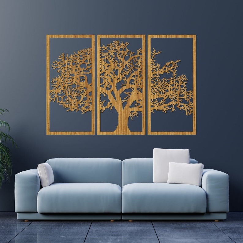 Ensemble de 3 panneaux décoratifs muraux en bois, arbre de vie, art mural en bois, décoration d'intérieur, arbre de vie suspendu, oeuvre d'art unique image 9