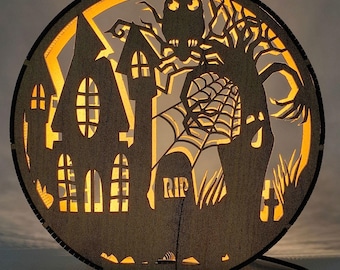Halloween LED Table Lamp, Dimmable Wooden Table Light with Moss, Oak Halifax Decor