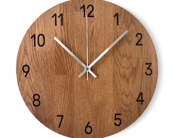 Handmade Oak Wall Clock – Silent Wooden Clock, Minimalist Design, Amber Black, 30–50cm