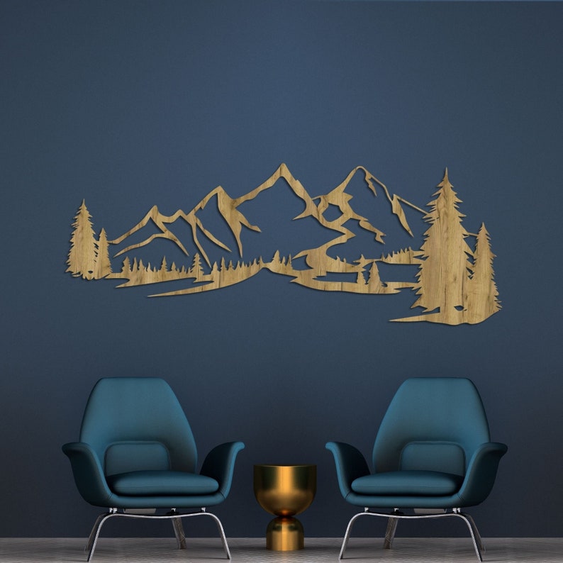 Art mural montagne suspendu en bois Décoration de montagne Grande décoration murale en bois Décorations murales nature et forêt Art en bois mural Gold Oak