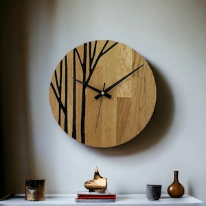 Natural Wall Clock Large Wooden Silent Clock Large Solid Natural Oak Modern Minimalist Tree Design Unique Wooden Clock Modern Design Paint