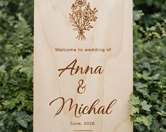 Personalized Wedding Welcome Sign – Engraved Poplar Wood, Rustic Decor