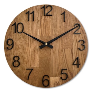 Può includere: Un orologio da parete rotondo in legno con numeri romani neri e lancette nere. Il quadrante dell'orologio è in legno marrone chiaro con una venatura del legno.