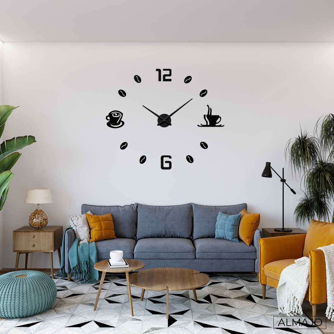 Coffee Wall Clock, 3D Wall Clock, Home Decor, Mirror Wall Clock ...