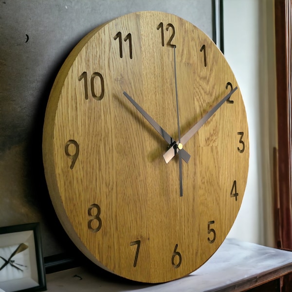 Horloge murale en bois, décoration d'intérieur, décoration d'intérieur, horloge murale en bois de chêne, art massif, horloge murale minimaliste en bois de chêne