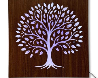 LED Tree of Life Wooden Wall Art: Backlit Nature Decor 110-230V