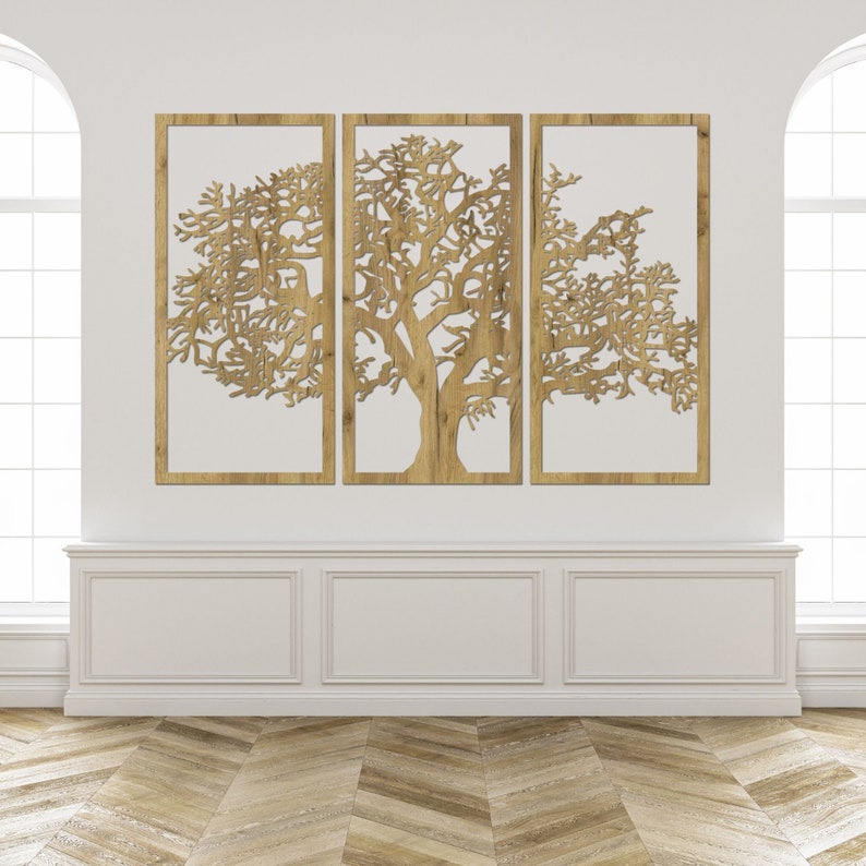 Ensemble de 3 panneaux décoratifs muraux en bois, arbre de vie, art mural en bois, décoration d'intérieur, arbre de vie suspendu, oeuvre d'art unique image 7