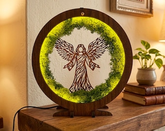 Angel Wooden Night Light with Green Moss, Walnut Wenge 15mm LED Table Lamp