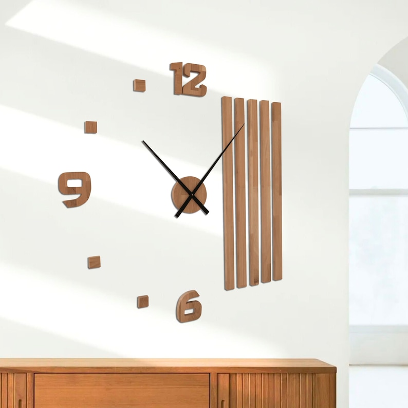 Horloge murale en bois, silencieuse, grand design, diamètre minimaliste, en bois de chêne, surdimensionnée, 3D, moderne, DIY image 1