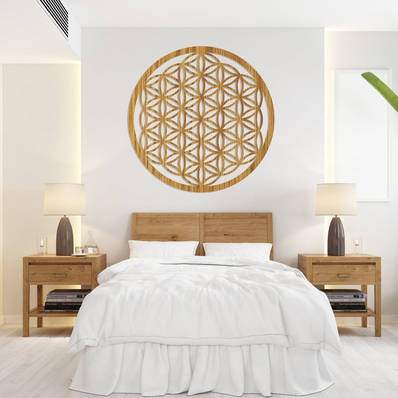 Mandala fleur de vie en bois de chêne, art mural, décoration en bois, grand mandala suspendu, décoration en bois géométrique, fleur, cadeau pour elle, yoga 2,6 mm image 1