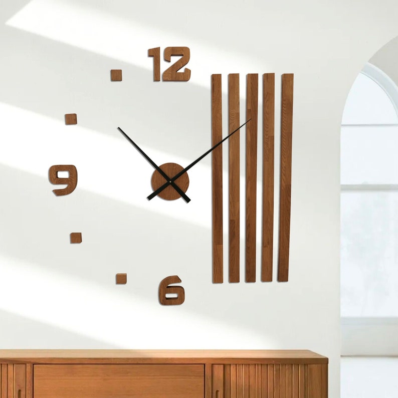 Horloge murale en bois, silencieuse, grand design, diamètre minimaliste, en bois de chêne, surdimensionnée, 3D, moderne, DIY image 1