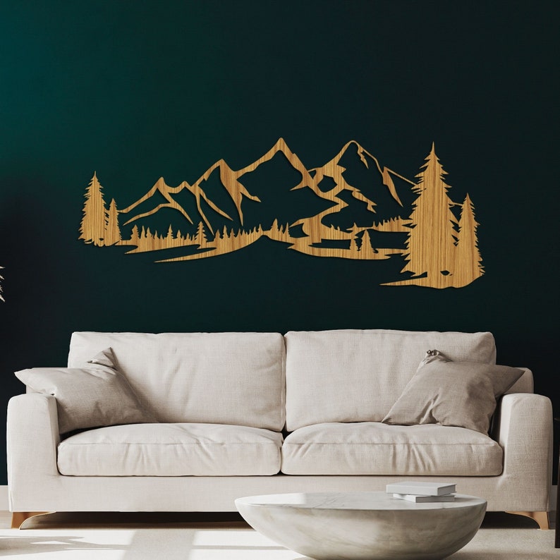 Art mural montagne suspendu en bois Décoration de montagne Grande décoration murale en bois Décorations murales nature et forêt Art en bois mural Oak