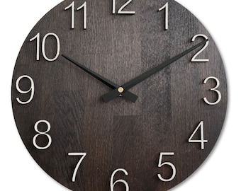 Modern Black Oak Wall Clock: Large Silent Handmade Timepiece