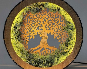 Tree of Stabiity LED Table Lamp, Dimmable Wooden Light, Stabilized Moss Decor