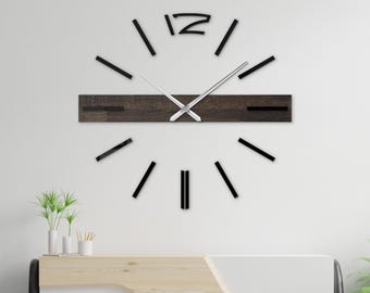 Large dark oak 3d wall clock, minimalist wood stick-on decor with metal hands