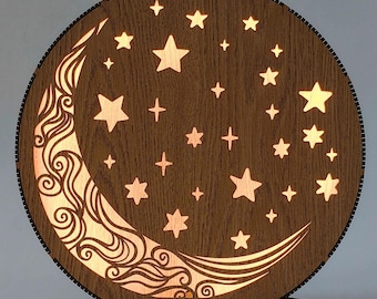 Kids Night Light, Crescent Moon Stars LED Lamp, Dimmable Wooden Nursery Decor, Oak