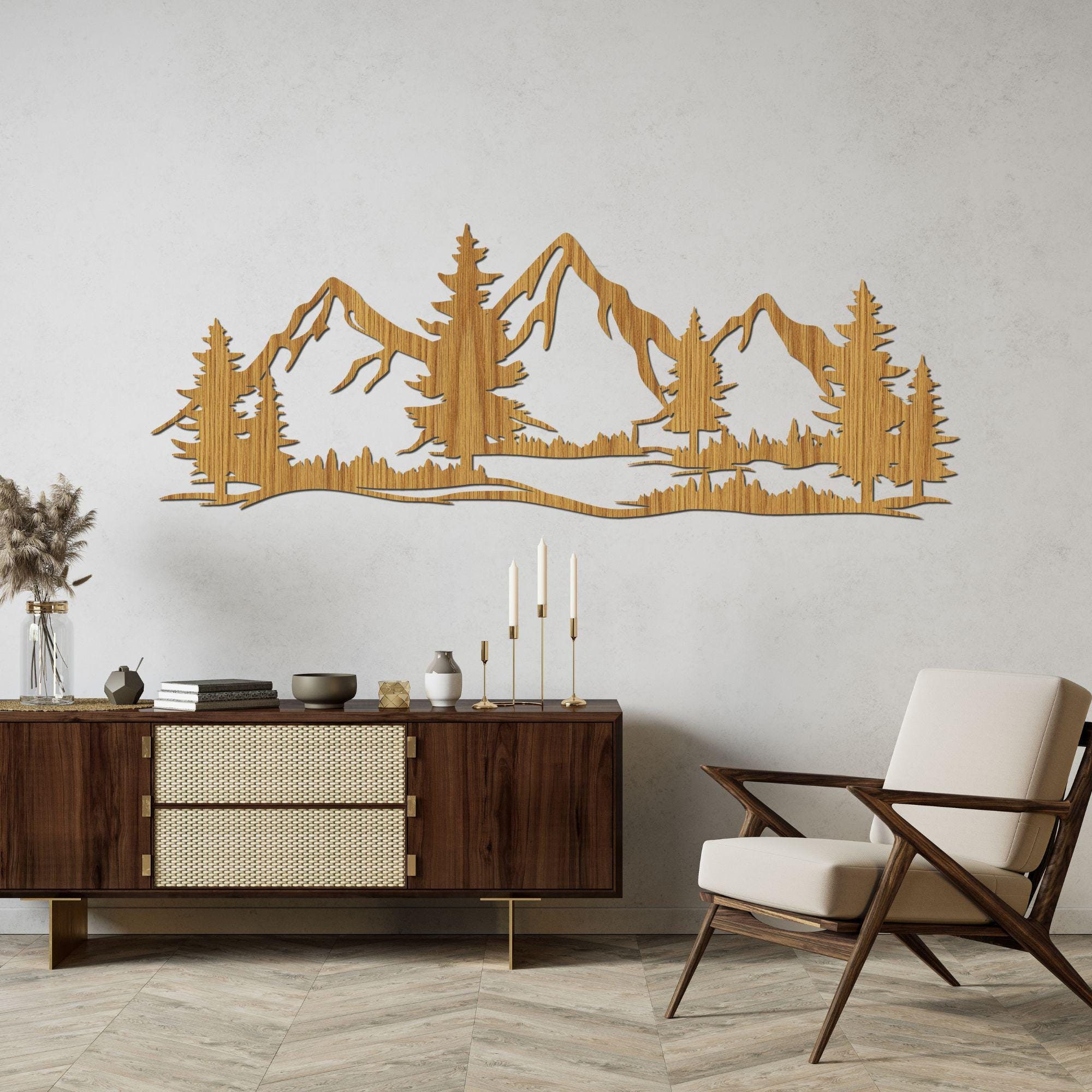 Décoration Murale Bois Montagne 3D - Lot De 2 Panneaux 42x18,5 Cm - Pour Salon, Chambre, Bureau - Style épuré Et Naturel
