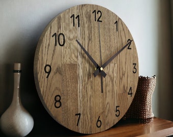 Wooden Wall Clock Oak Wall Clock Modern Wood Clock Home Decoration, Wall Massif Art Oak Wood Wall Clock Minimalist Large Numbers Wall Clock