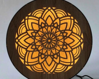 Mandala LED Table Lamp, Dimmable Wooden Light, Laser-Cut Decor