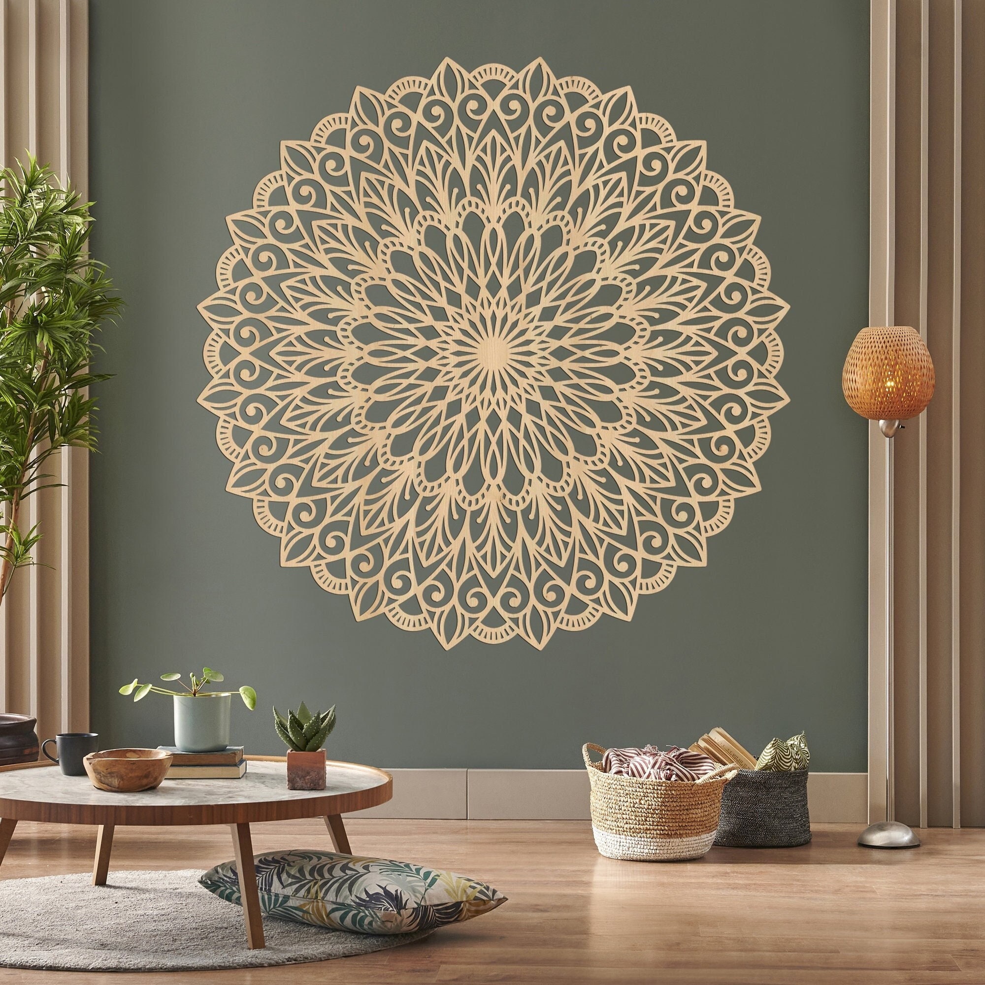 Grand Mandala Mural Naturel En Tissu - Décoration Murale Bohème Hippie - Motif Jungle Verte - 100% Polyester
